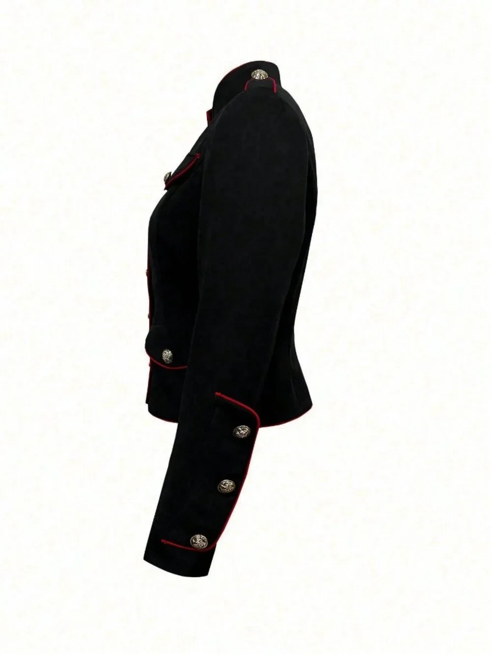 Black Red Piped Military Style Women's Single Breasted Gold Button Jacket